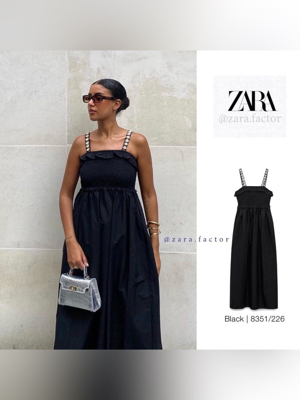 Zara Black Smocked Midi Dress Shell Strap Cotton Boho Sundress Medium M
